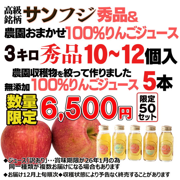「120年りんご農家」のサンフジりんご小玉　秀品【3キロ】+100％りんごジュース5本【ちょっと訳あり】