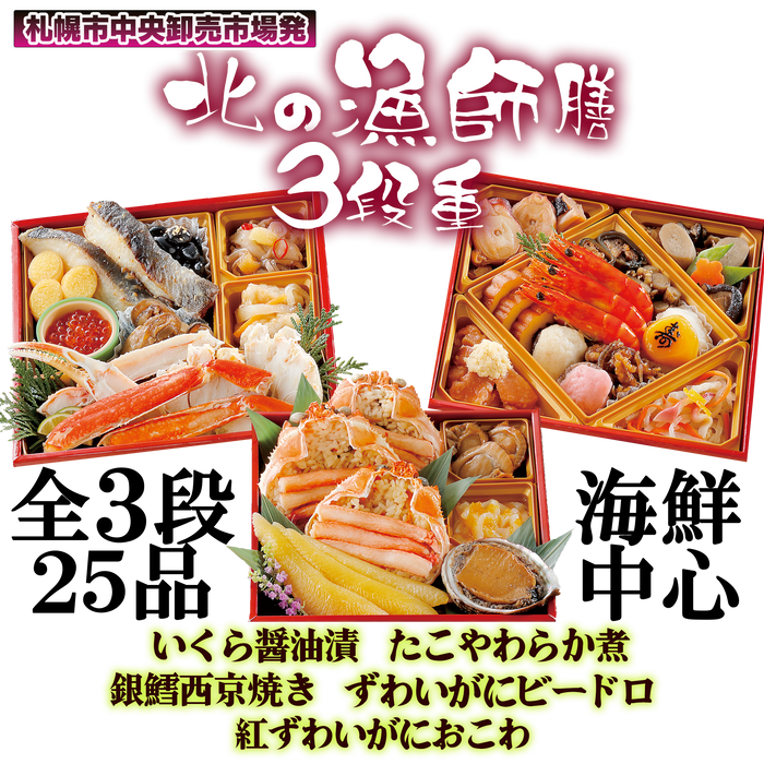 札幌市中央卸売市場発せり人が選んだ「北の漁師膳 」3段重全25品【きんき姿煮付】