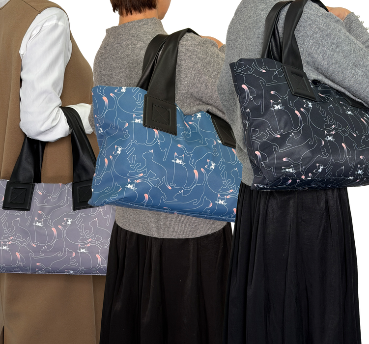 癒しのネコ柄トートバッグ【ブラック】／【グレー】／【ネイビー】